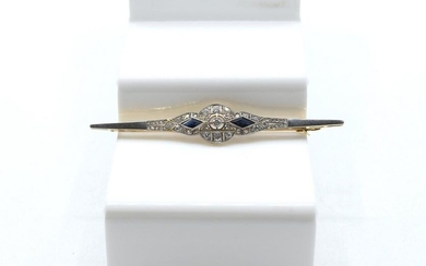 Pin in 18 ct yellow and white gold set with 13 old cut diamonds +/- 0.65 ct, rose diamonds and 2 sapphires (stone missing) - 8.3 g