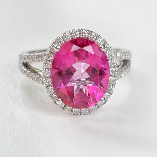 Pink Topaz diamond ring - 14 kt. White gold - Ring - 4.56 ct Topaz - 0.58 ct DiamondsD / VS
