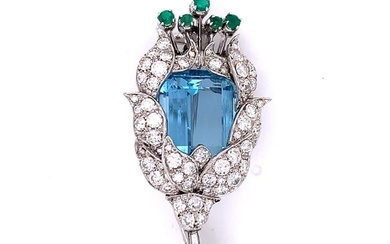 Platinum Aquamarine Emerald and Diamond Brooch