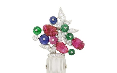 Platinum, Carved Frosted Rock Crystal and Ruby, Emerald and Sapphire Bead and Diamond Bouquet