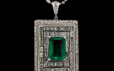 Platinum GIA Certified 6.98 ctw Emerald and Diamond Pendant With Chain