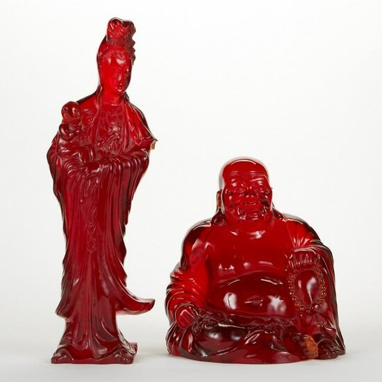 Pr. Faux Amber Composite Guanyin & Buddha Figure