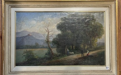 R. SCOPPA LANDSCAPE PAINTING WITH FIGURES, 27" X 19"