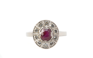 RING.18K white gold with faceted ruby and brilliant cut diamonds, Gelander - Bergdahl, Gothenburg, 1948.