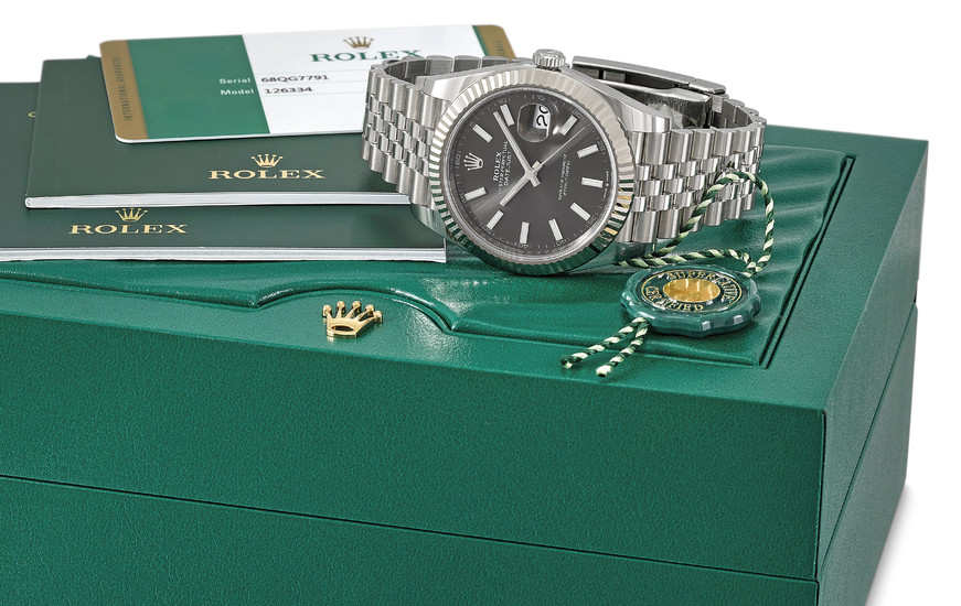 ROLEX. AN 18K WHITE GOLD AND STAINLESS STEEL AUTOMATIC WRISTWATCH WITH SWEEP CENTRE SECONDS, DATE, BRACELET, ORIGINAL GUARANTEE AND BOX, SIGNED ROLEX, OYSTER PERPETUAL, DATEJUST, DATEJUST 41 MODEL, REF. 126334, CASE NO. 68QG7791, CIRCA 2019