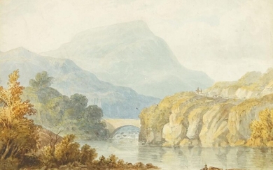 Ralph W. Lucas, British 1796-1874- Mountainous landscape with river; watercolour on paper, bears artist's name to the reverse of the frame, 24 x 31.5 cm: Sir Henry Wentworth Acland, British 1815-1900- Riverside landscape; pen and wash, inscribed...