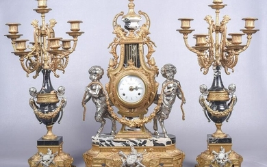 Repro 3pc French gilt metal and marble clock set