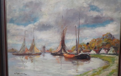 Richard Falkenberg (1875-1948) "Bateaux dans le port",huile sur toile,signée,ca.60x80cm