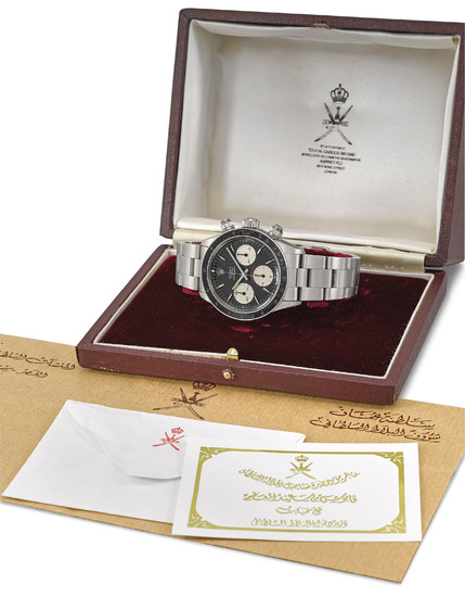 Rolex. A very important and exceptionally rare stainless steel chronograph wristwatch with bracelet, original Asprey box and Sultan of Oman crested envelope and presentation gift card, SIGNED ROLEX, OYSTER, COSMOGRAPH DAYTONA MODEL, RETAILED BY...