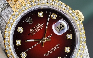 Rolex Datejust Iced Out Mens Two Tone Loaded Diamond Red...