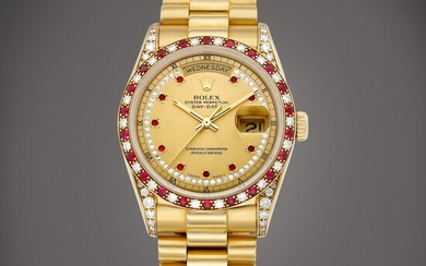 Rolex Day-Date, Reference 18388 | A yellow gold, diamond and ruby-set wristwatch with day, date and bracelet, Circa 1990 | 勞力士 | Day-Date 型號18388 | 黃金鑲鑽石及紅寶石鏈帶腕錶，備日期及星期顯示，約1990年製