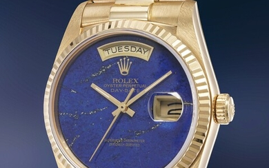 Rolex, Ref. 18038 A well-preserved and rare yellow gold wristwatch with center seconds, day, date, lapis lazuli dial, bracelet and presentation box