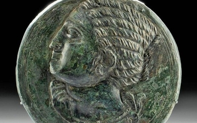 Roman Bronze Mirror Case w/ Woman in Profile