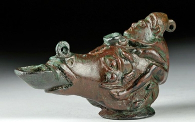 Roman Bronze Oil Lamp - Erotic Satyr on Horse Head