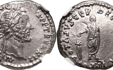 Roman Empire Antoninus Pius AD 158-159 AR Denarius NGC XF Strike: 5/5 Surface: 2/5, scuffs