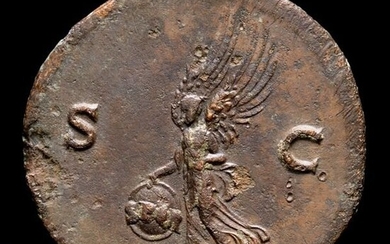 Roman Empire. Nero (AD 54-68). Æ As,Rome - S - C, Victory flying left holding in both hands shield SPQR