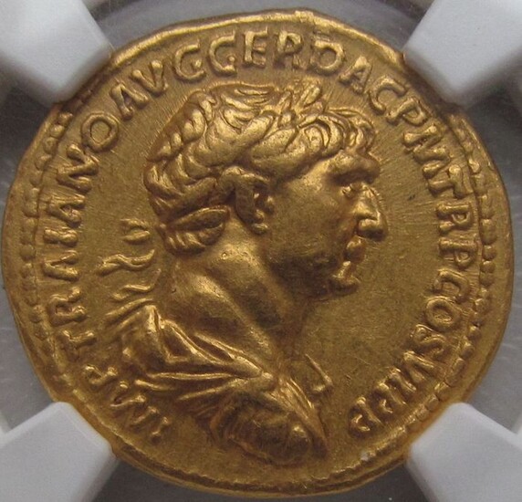 Roman Empire. Trajan (AD 98-117). Gold Aureus,Rome mint - Bonus Eventus standing left, beauty - NGC graded Ch XF, Strike: 5/5, Surface: 3/5