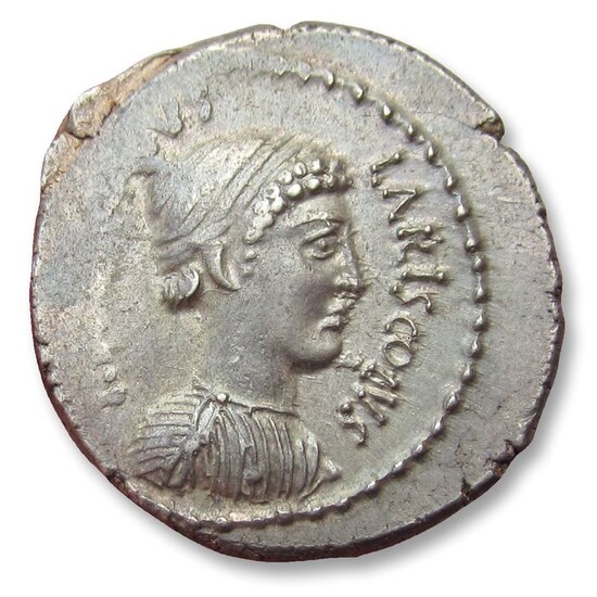 Roman Republic. P. Accoleius Lariscolus. Silver Denarius,Rome mint 43 B.C.