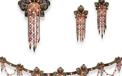Ruby, diamond and enamel parure, second half of the 19th century