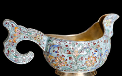 Russian gilt silver kovsh of traditional shape, silver, gilding, enamel.