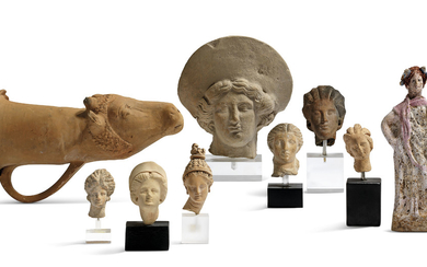 SEVEN GREEK TERRACOTTA HEADS, A FEMALE FIGURE AND AN APULIAN RHYTON, CLASSICAL PERIOD-HELLENISTIC PERIOD, CIRCA 4TH-2ND CENTURY B.C.