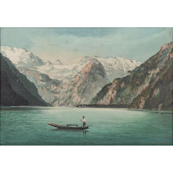 SPEIDEL, H. (Maler/in 19./20. Jh.), "Kahn auf einem See in den Alpen"