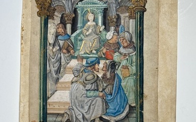Scriptorium of the Middle Ages, Netherlands. From a Book of Hours. - Large Parchment Illumination with Miniature and Initial and two lines of handwritten text - 1470