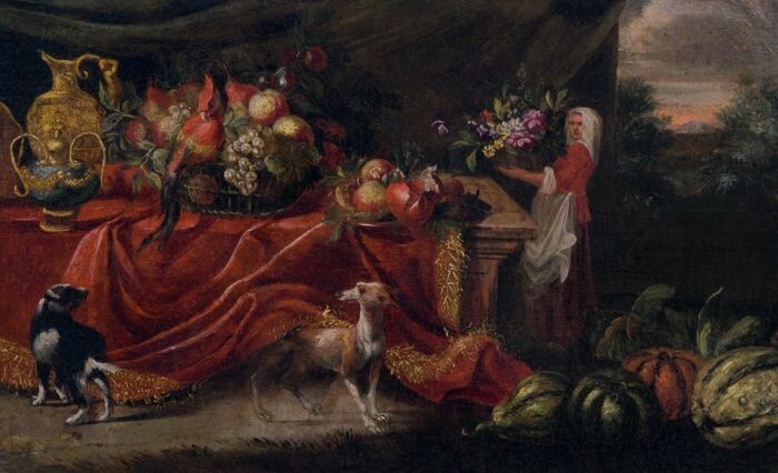 Scuola Italiana del XVII secolo - Natura morta su tavola all'aperto con donna, cani e pappagallo