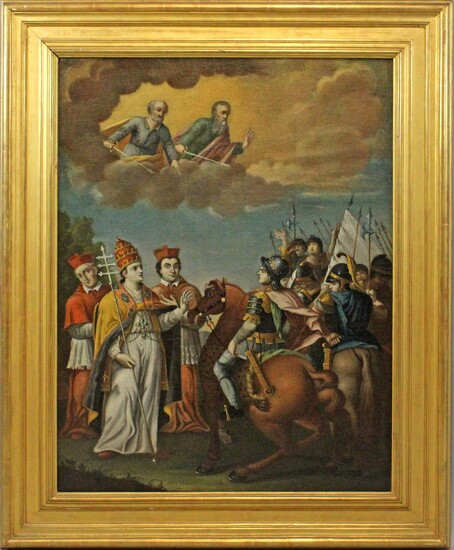 Scuola italiana del XVII secolo, San Leone Magno ferma Attila, olio su tela, cm 98x75, entro cornice