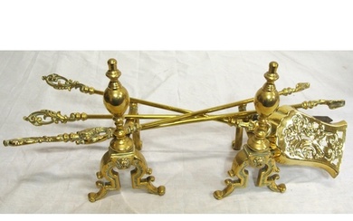 Set of 3 Victorian style brass fire implements with ornate p...
