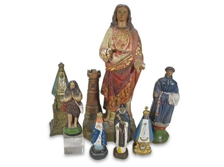 Set of 7 plaster, wood, bronze & metal Religious