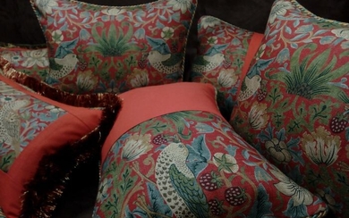 Set of cushions with William Morris "Strawberry Thief" fabric, feather interiors (6)