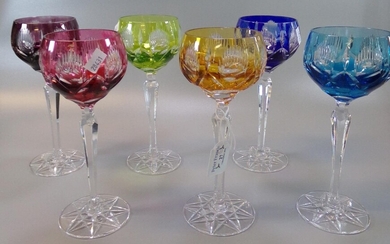 Set of six flash cut multi-coloured hock glasses. Unmarked....