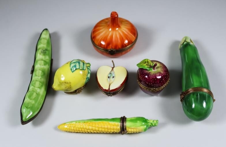 Seven Limoges Porcelain Fruit and Vegetable Trinket Box Models,...