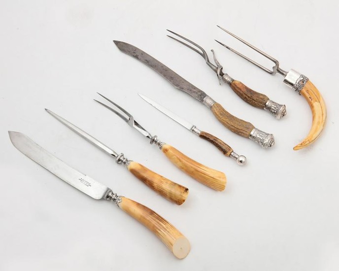 Seven-piece silver, silverplate & horn carving set