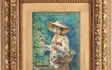 Signed 19th Cent. Watercolor, Grape Harvester