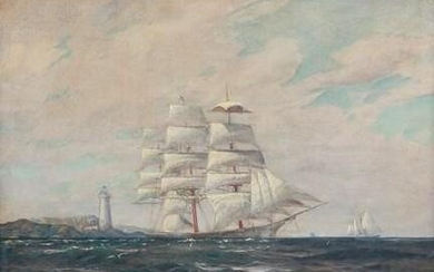 Signed Clipper Ship, Lighthouse, Maritime Oil Painting