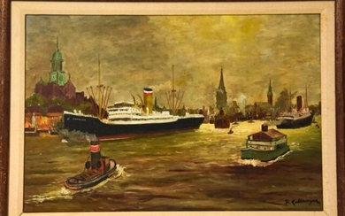 Signed Oil Harbor Painting Featuring SS Hamburg