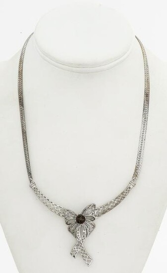 Silver Bow Smoky Quartz & Diamond Necklace