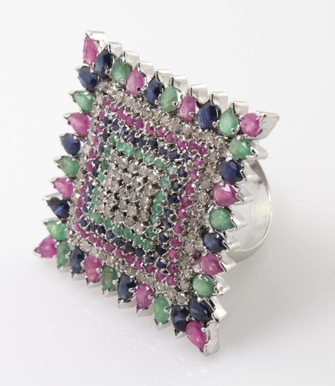 Silver Diamond, Ruby, Sapphire and Tourmaline ring. Set with...