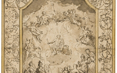 Sir James Thornhill (1675-1734), Circle of. Study for a painted ceiling with an assembly of the gods surrounded with decorative border