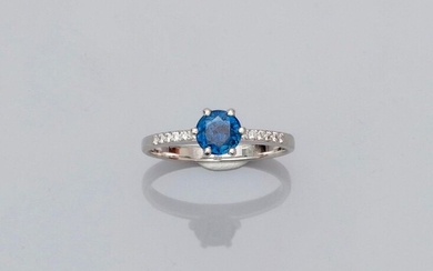 Solitaire ring in white gold, 750 MM, set with a round sapphire weighing about 1 carat between two lines of brilliants, size: 54, weight: 2.6gr. gross.