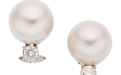 South Sea Cultured Pearl, Diamond, White Gold Earrings The...