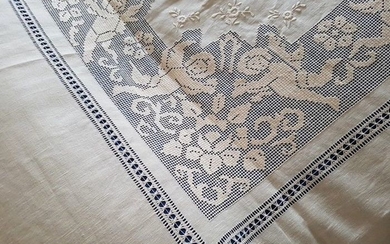 Spectacular pure linen coverlet with embroidered Angels catwalk by hand - Linen - After 2000