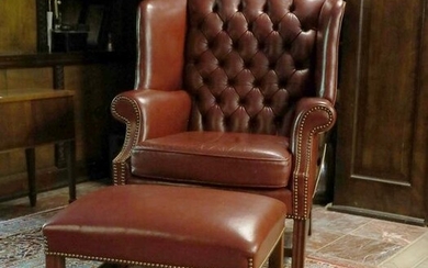 St. Timothy Burgundy Leather Wing Chair With Ottoman, H 41’’ W 33’’ Depth