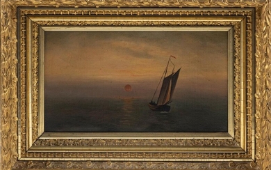 PAINTING OF BOAT SAILING BY SUNSET 19th Century...