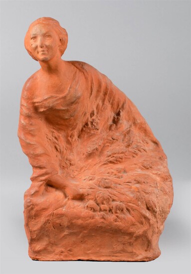 TERRACOTTA FIGURE OF WOMAN WITH FLOWERS, FRENCH SCHOOL EARLY 20TH CENTURY