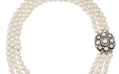 THREE-ROW CULTURED PEARL NECKLACE TO LATE 19TH CENTURY PEARL AND DIAMOND CLASP