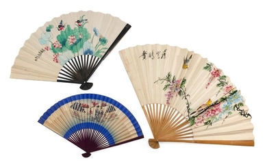THREE UNUSUALLY LARGE PAINTED PAPER AND WOOD ASIAN FOLDING FANS 1) Depicts songbirds in wisteria. Length 30". 2) Depicts songbirds a...