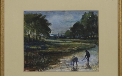 TWO BOYS IN THE RIVER, A WATERCOLOUR BY MITCHELL